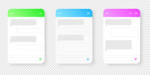 Wall Mural - Chat bot screen templates. Life chat windows with message bubbles isolated on transparent background. Virtual assistant, online customer support conversation. Mobile messenger app design.