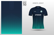 Green Blue T-shirt Sport Design Template With Polygon Pattern For Soccer Jersey. Sport Uniform In Front View. Tshirt Mock Up For Sport Club. Vector Illustration.