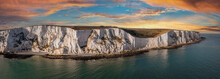 Aerial View Of The White Cliffs Of Dover. Close Up View Of The Cliffs From The Sea Side. England, East Sussex. Between France And UK