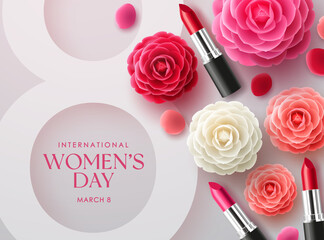 Wall Mural - March 8 international women's day vector design. Women's day text with lipstick and camellia flower elements decoration for woman's celebration background design. Vector illustration.
