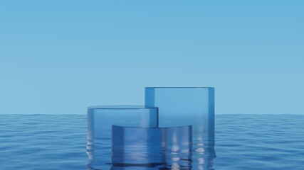 Fototapete - 3d cylinder glass podium stage on sea water.Blue ocean and sky background.3d rendering illustration.