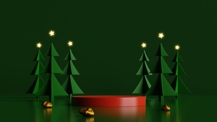 Fototapete - Minimal scene with red podium and pine trees on midnight green background.For christmas holiday and winter concept.3d rendering illustration.
