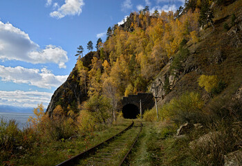 Wall Mural - Autumn on Circum-Baikal Railway on lake Baikal in Siberia