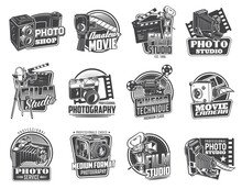 Photo And Movie Camera Icons. Professional Photo And Video Studio Emblems, Photography And Cinema Equipment Store Vector Retro Badges, Icons With Vintage Folding, Medium Format And SLR Film Cameras