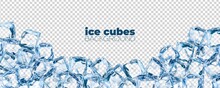 Realistic Ice Cubes Background, Crystal Ice Blocks Frame, Isolated Border Of Blue Transparent Frozen Water Cubes. 3d Vector Glass Or Icy Solid Pieces For Drink Ad With Clean Square Blocks