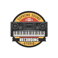 Wall Mural - Sound recording studio icon with vector synthesizer. Electronic music instrument with digital keyboard, musical equipment isolated round symbol of sound, vocal and music recording, audio production