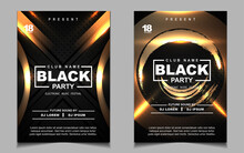 Cover Music Poster Flyer Design Template Background With Layout Gold Glitters Color On Dark Style. Light Electro Vector For Event Festival Concert, Dancing, Disco, Night Club Invitation