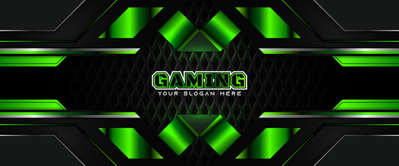 Canvas Print - Futuristic light green gaming banner design with metal technology concept. Vector illustration for business corporate promotion, wallpaper, game header social media, live streaming background