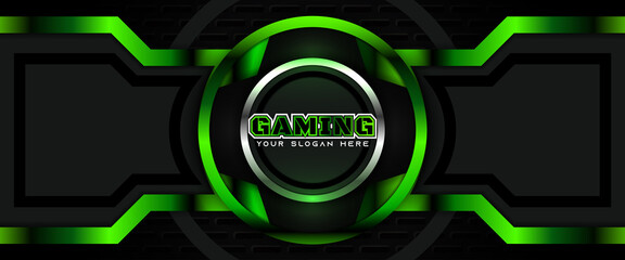 Wall Mural - Futuristic light green gaming banner design with metal technology concept. Vector illustration for business corporate promotion, wallpaper, game header social media, live streaming background