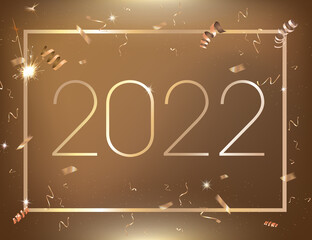 Vector gradient bronze, gold party, New Year, Christmas Eve countdown celebration background with golden confetti, border