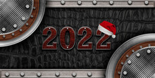 Texture Metal And Leather Material Template Abstract Background. Word 2022 With Santa Hat, New Year, Christmas Card. Copy Space For Your Text,