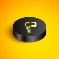 Wall Mural - Isometric line Old wooden axe icon isolated on yellow background. Lumberjack axe. Black circle button. Vector