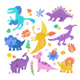 Fototapeta Dinusie - Cute set dinosaurs hand drawn vector color characters. Dino flat clipart. Sketch prehistoric animals. Jurassic reptiles isolated doodle drawing. Scandinavian cartoon kids illustrations. 