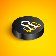 Sticker - Isometric line Binder clip icon isolated on yellow background. Paper clip. Black circle button. Vector