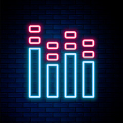 Canvas Print - Glowing neon line Music equalizer icon isolated on brick wall background. Sound wave. Audio digital equalizer technology, console panel, pulse musical. Colorful outline concept. Vector