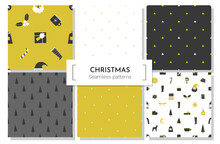 Vector Collection With Seamless Patterns. Flat Illustrations For New Year Design On Wrapping Paper. Flat Christmas Elements Are Include Gift Boxes, Sweets, Santa Claus, Xmas Tree). Scandinavian Style