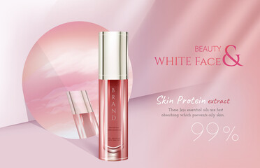 Wall Mural - Luxury skin care ads. Glass bottle on a simple pink background with mirrors reflecting pastel sky.