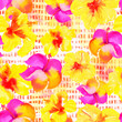 Tropical watercolor flowers on a checkered background, seamless floral pattern. 