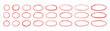 Hand Drawn Red Ovals And Circles Set. Ovals Of Different Widths. Highlight Circle Frames. Ellipses In Doodle Style. Set Of Vector Illustration Isolated On White Background.