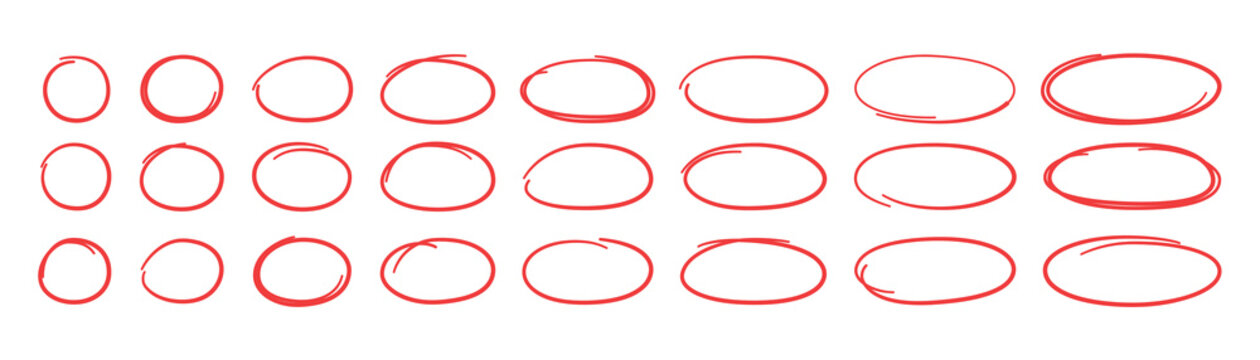 Hand drawn red ovals and circles set. Ovals of different widths. Highlight circle frames. Ellipses in doodle style. Set of vector illustration isolated on white background.