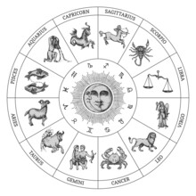 Zodiac Circle With Sun And Moon, Vector Drawing.