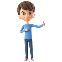 Wall Mural - Cheerful character boy in a blue sweater points the thumb up. 3d render illustration.