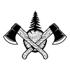 Sticker - Crossed lumberjack axes with wood cut. Design element for logo, emblem, sign, poster, t shirt. Vector illustration