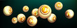 © redgreystock - Realistic golden lottery ball on dark background. Gold balls with numbers of winning combination for gambling game. Collection glossy spheres for lotto, kenny and bingo.