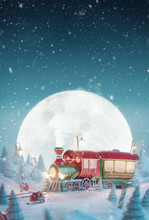 Cute Funny Fairy Santa's Christmas Train In A Magical Forest