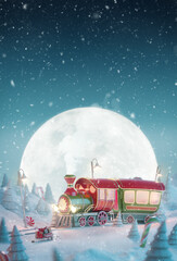 Wall Mural - Cute funny fairy Santa's Christmas train in a magical forest