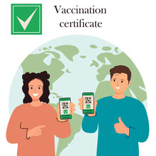 A Man And A Woman Are Holding A Smartphone With A QR Code On The Screen Against The Background Of The World Map. Concept, European Green Badge, Travel During A Pandemic. Vaccination Certificate.