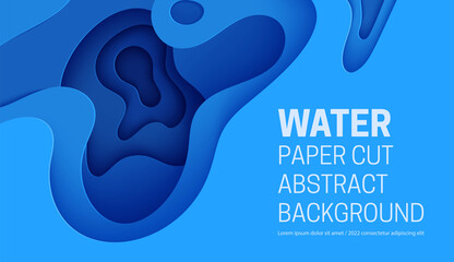 Wall Mural - Abstract background with water waves in paper cut style. 3d wallpaper with cut out deep wavy modern cover. Blue color layers with smooth shadow papercut art. Vector illustration, origami shapes