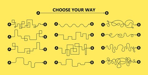 Set of difficult and easy simple way process from start to end. Vector card illustration with path to success outline art concept. The road from point a to point b. Right and wrong way with messy line