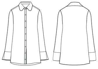 Womens button front long sleeve collared shirt front and back template flat sketch vector illustration