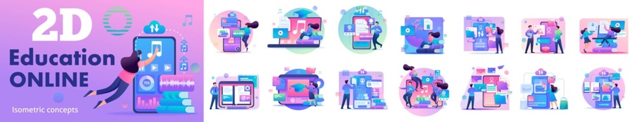 Set Concepts Education online. Online training using gadgets tablets and smartphones. Courses, institutes, school. For Vector Illustrations