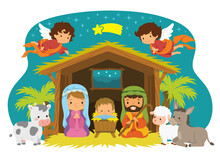 Illustration Of The Nativity Scene With Baby Jesus, Mary, And Joseph In Bethlehem, Drawn In A Cute Style For Kids. 