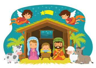 Illustration of the nativity scene with baby Jesus, Mary, and Joseph in Bethlehem, drawn in a cute style for kids. 