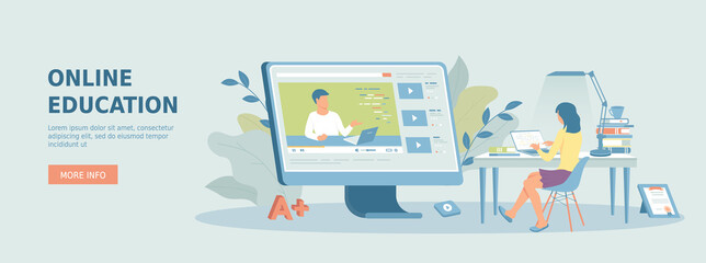 Wall Mural - online education, distance learning, studying, training. girl watching a video lesson, has an online