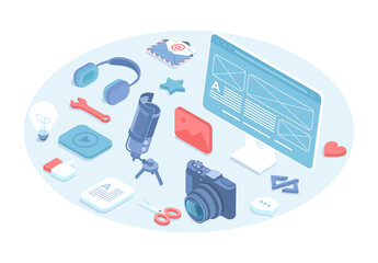 Wall Mural - Creating high quality content. Social media, blogging, website content development, content writing. Vector illustration in 3d design. Isometric web banner.