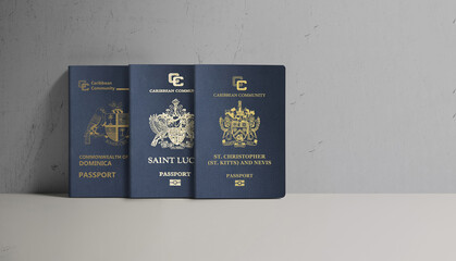 Wall Mural - Caribbean passports, Saint Kitts and Nevis, Saint Lucia, Dominica, on a wall
