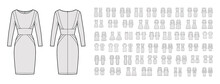 Set Of Dresses Casual Technical Fashion Illustration With Long Short Elbow Sleeves, Oversized Fitted Body, Knee Mini Length Skirt. Flat Apparel Front, Back, Grey Color. Women Men Unisex CAD Mockup
