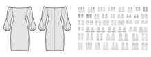 Set Of Dresses Evening Wedding Technical Fashion Illustration With Tube Off-the-shoulder Neckline, Knee Mini Maxi Midi Length Skirt. Flat Apparel Front, Back, Grey Color Style. Women Unisex CAD Mockup