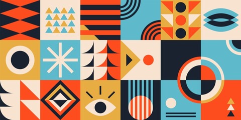 Bauhaus geometric brutalism elements set. Modern basic bold forms, abstract shapes design simple pattern. Vector illustration