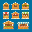 © Pavlo Syvak - Set Christmas Market Stalls with Food, Sweets and Hot Drinks. Xmas Wooden Souvenir or Bakery Kiosks, Winter Houses