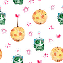 Moon And Cactus Astronaut Watercolor Seamless Pattern. Template For Decorating Designs And Illustrations.