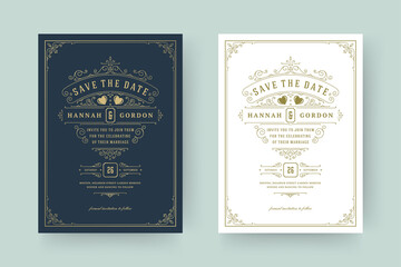 Canvas Print - Wedding invitation save the date card template elegant flourishes ornaments vignette swirls vector illustration.