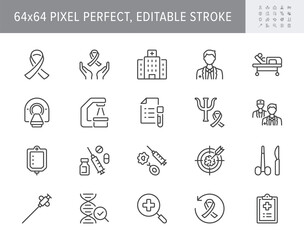 Cancer treatment line icons. Vector illustration include icon - chemotherapy, radiology, doctor, hormone, mri diagnostic outline pictogram for oncology clinic. 64x64 Pixel Perfect, Editable Stroke