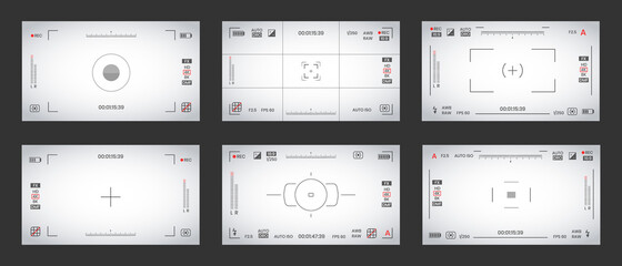 Poster - Camera viewfinder video or photo frame recorder flat style design vector illustration set. Digital camera viewfinder with exposure settings and focusing grid template.