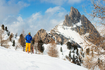 Wall Mural - Skier stand on slope in winter mountains