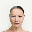 female face of asian woman, concept of aging before and after. skin care, prolongation of youth. female cosmetology. skin wrinkles